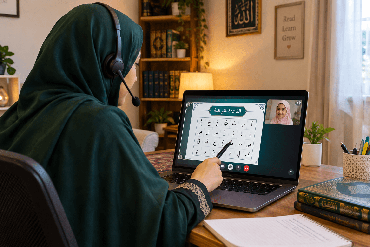 Teacher wearing a headset teaching Arabic letters to a young student through a live video call on a laptop