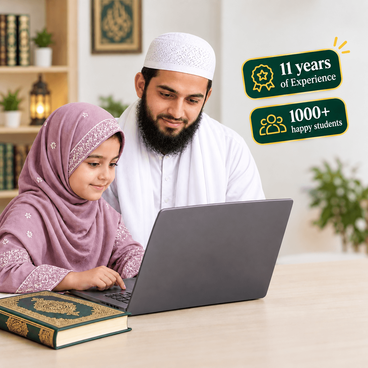Father guiding his daughter through an online Quran lesson on a laptop, with Quran books on the desk