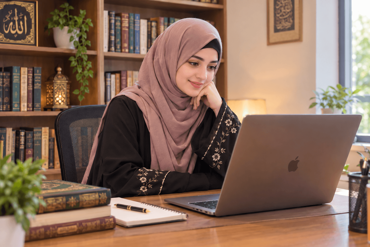 Smiling Quran teacher in a hijab at her desk, following an online class on her laptop, with Islamic books on the shelves behind her