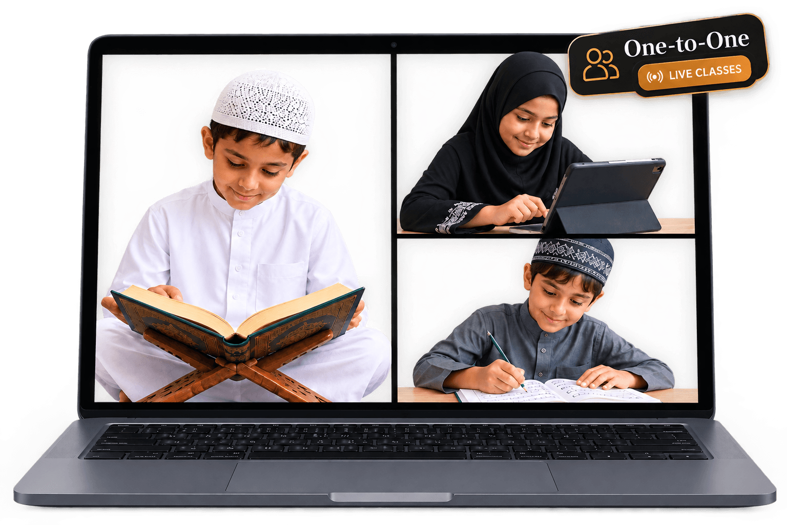 Laptop screen showing three children in an online Quran class — a boy reading the Quran on a bookstand, a girl using a tablet, and a boy practicing Arabic writing